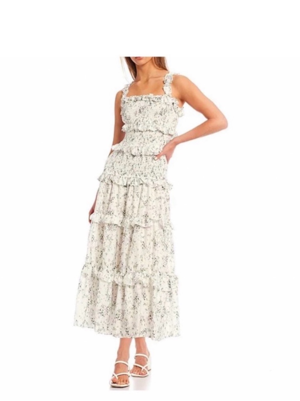 ANTONIO MELANI White Floral Smocked Tiered Maxi Dress Sz 12, NWT. Beautiful.